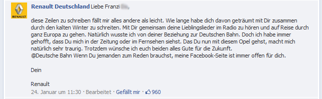 Franzi Do macht Schluss mit der DB Bahn und Renault antwortet (auf Facebook)