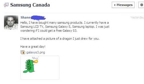Shane fragt Samsung Canada nach einem Galaxy S3 und sendet einen gezeichneten Drachen