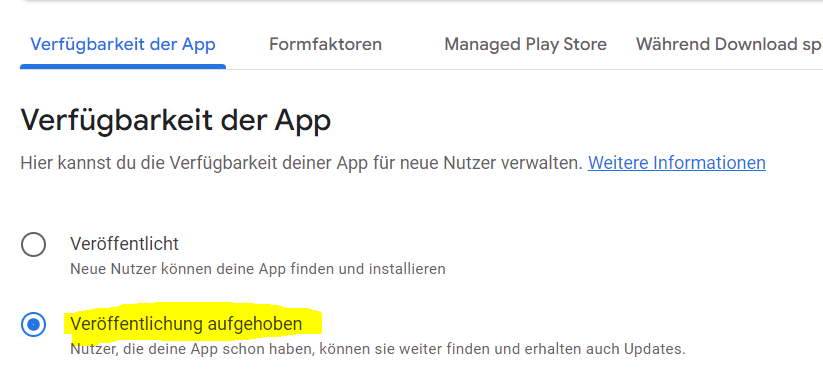 Ansicht des Bereichs in der Google Play Console, in dem man die Veröffentlichung einer App aufheben kann